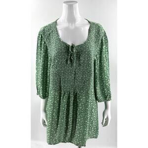 Ulla Popken Peasant Tunic Top Size 16 / 18 Green White Smocked Floral Blouse